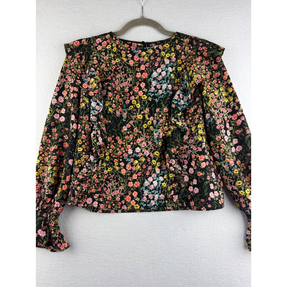 Zara Basic Womens S Black Floral Ruffle Long Sleeve Smocked Cuff Blouse Top